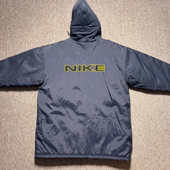 Vintage 90s Nike Dark Grey Navy Yellow Coach Puffer Long Jacket Large Zip Hood - Picture 10 of 12